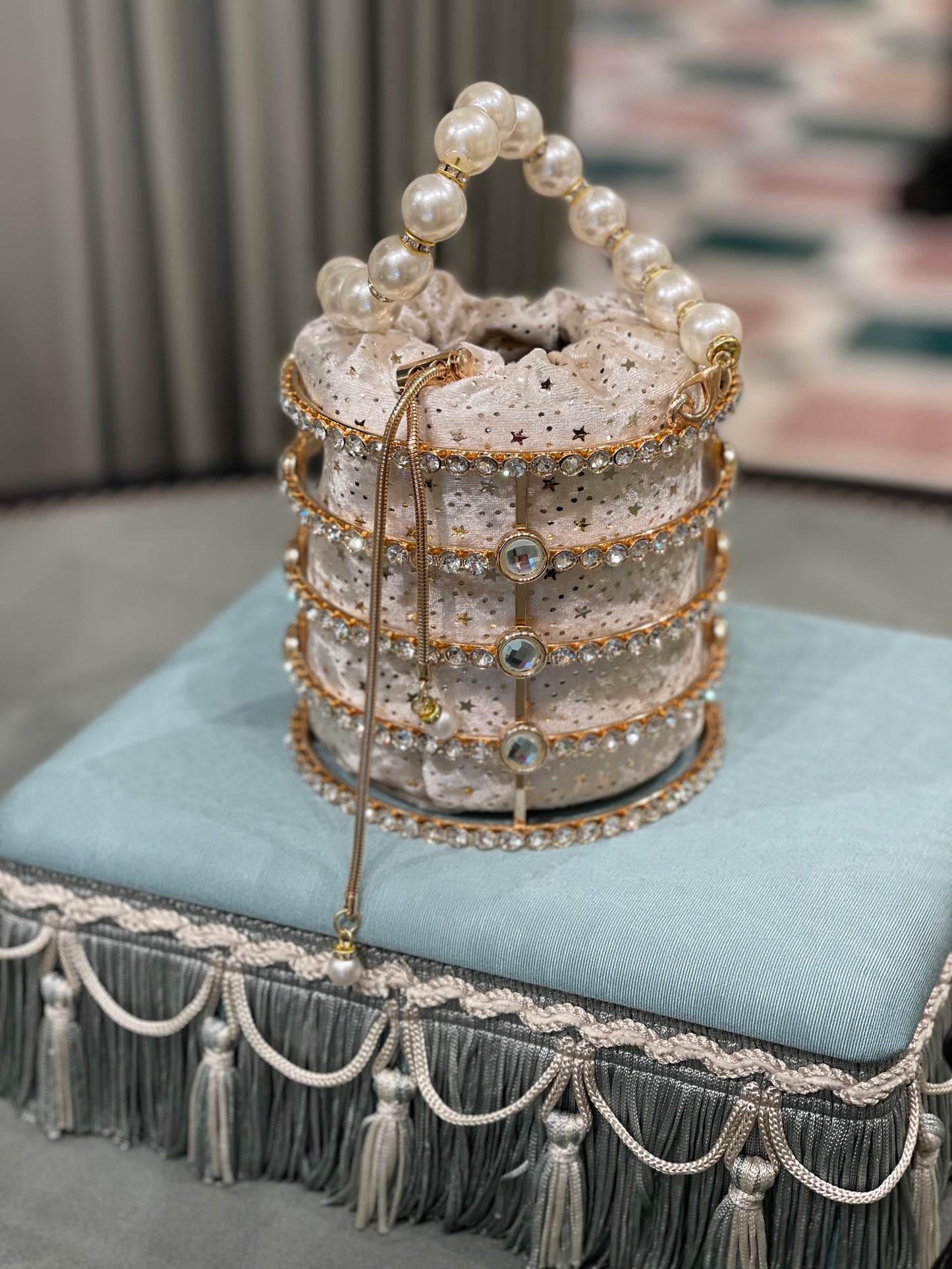 Faux Pearl & Rhinestone Decor Bucket Bag